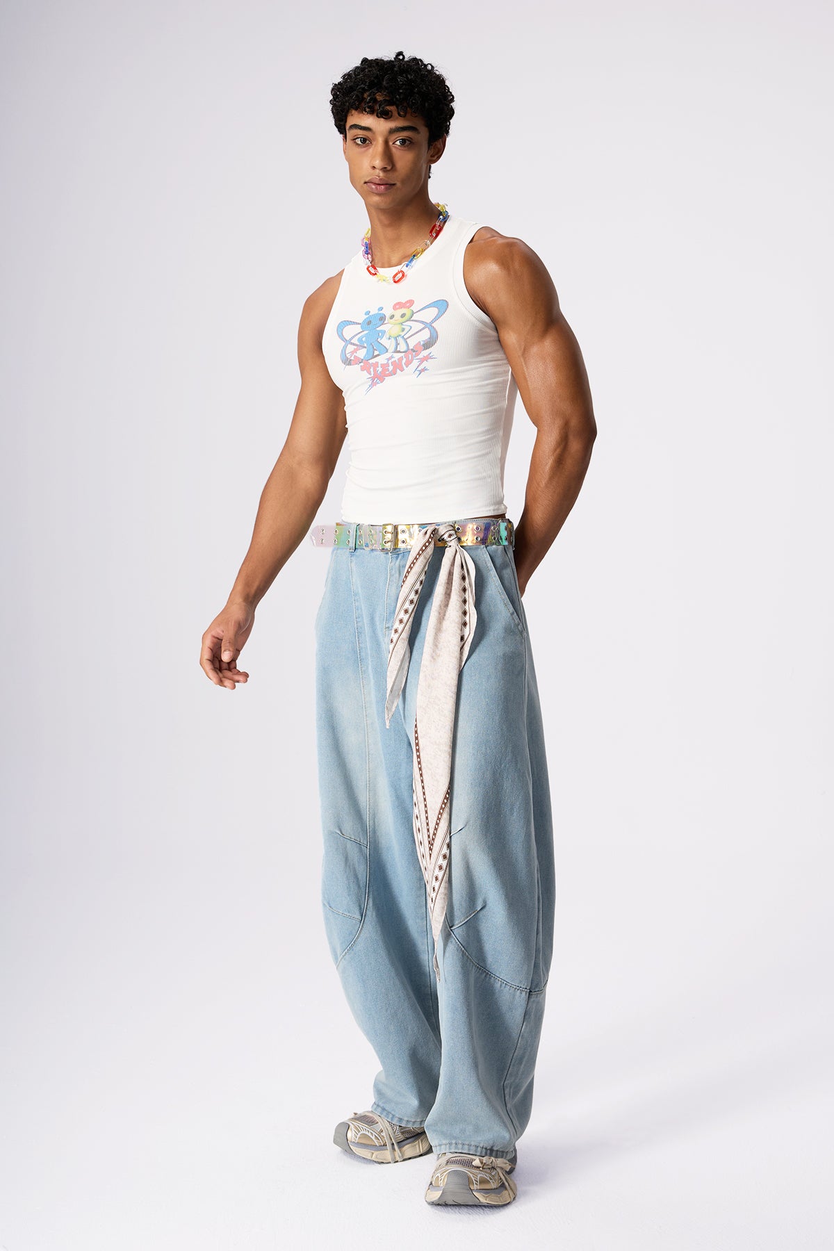 Velvet Line Print Sleeveless Top White