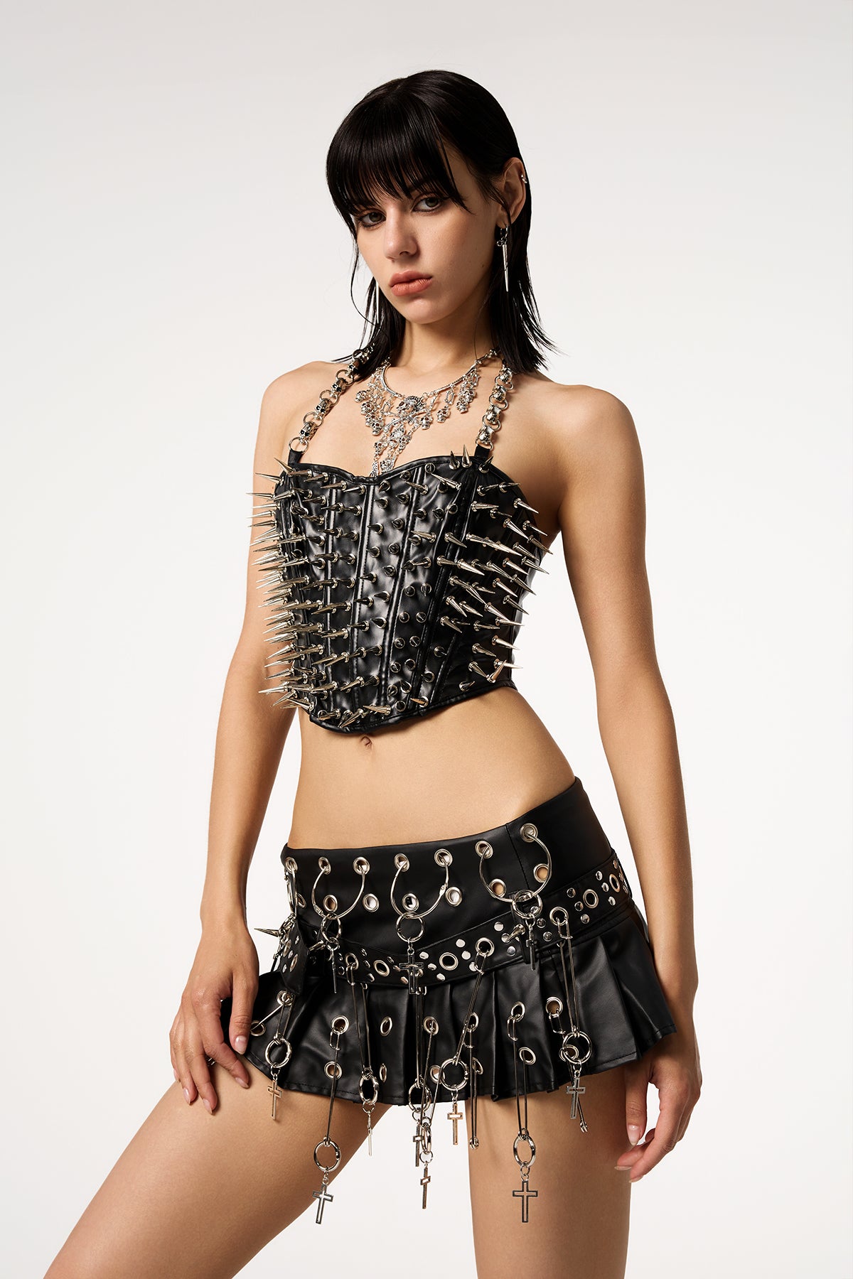 Vibe Slash Leather Rivet Embellished Y2K Skirt Set