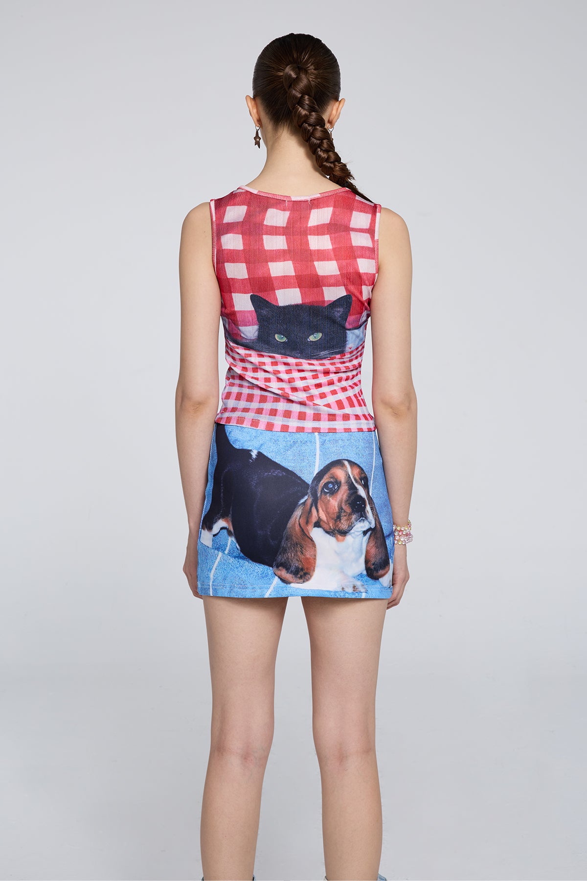 Virtual Pop Sleeveless Plaid Cat Print Crop Top