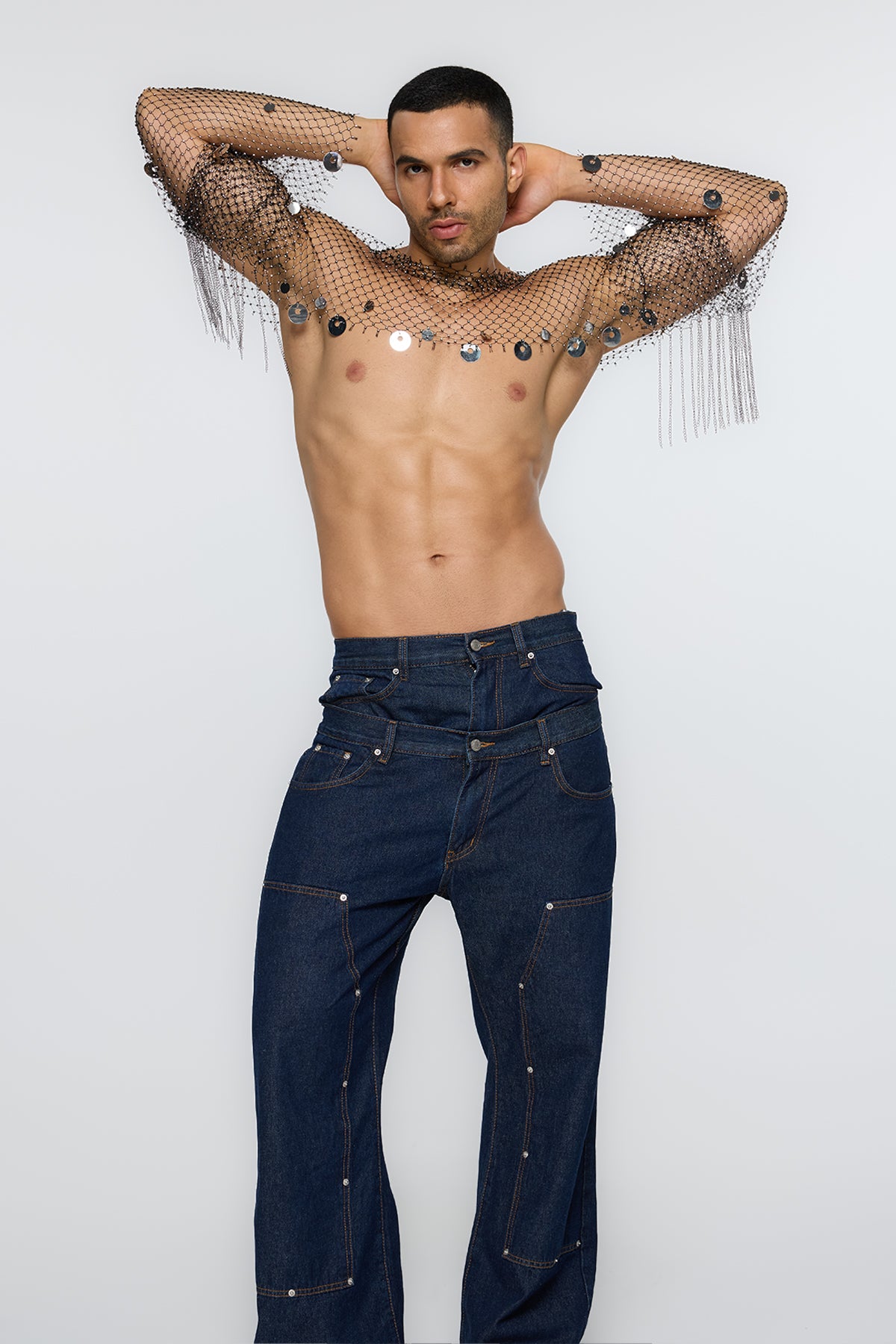 Visual Clash Fringe Rhinestone Mesh Crop Top
