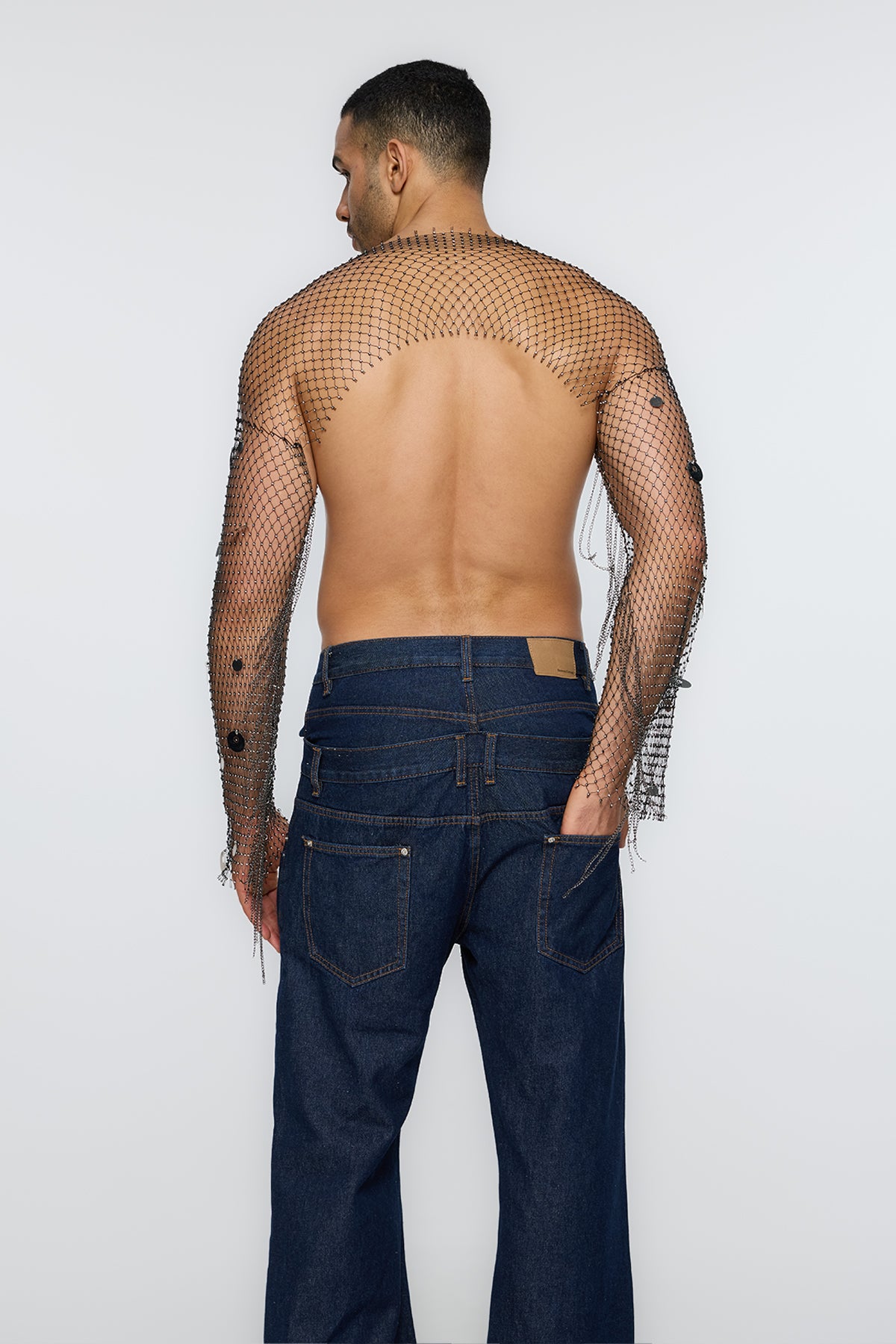 Visual Clash Fringe Rhinestone Mesh Crop Top