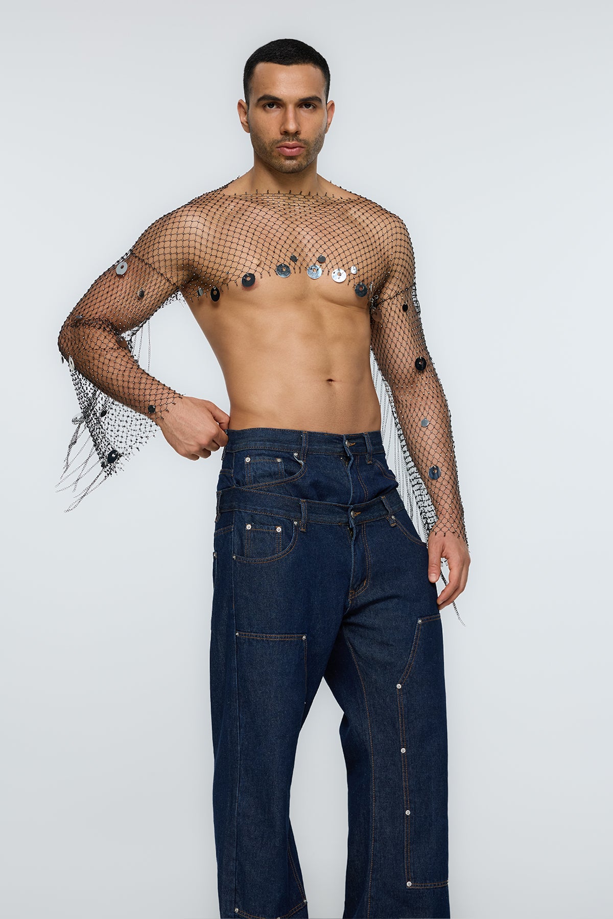 Visual Clash Fringe Rhinestone Mesh Crop Top