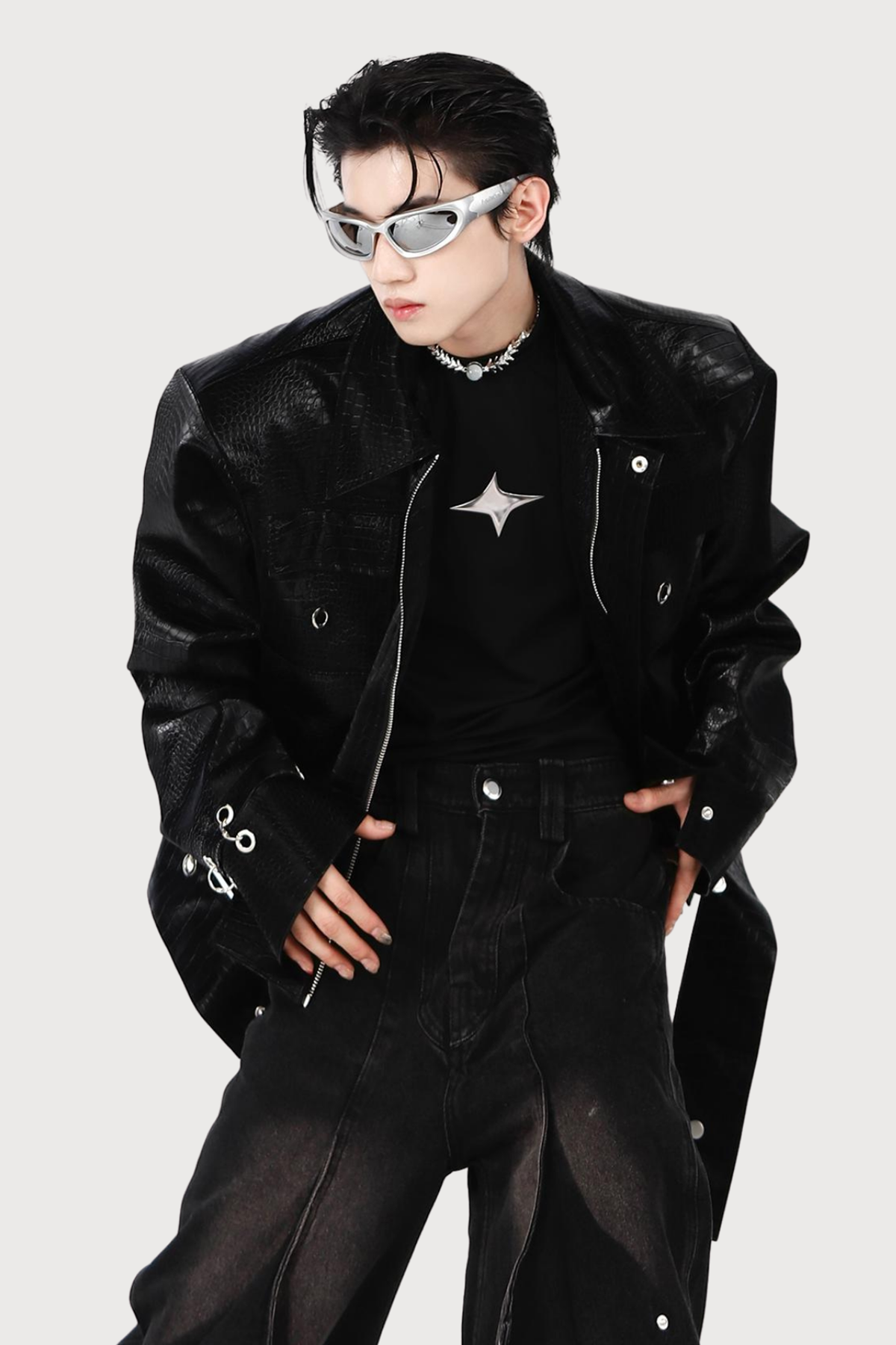 Void Clamp Leather Crocodile Pattern Jacket