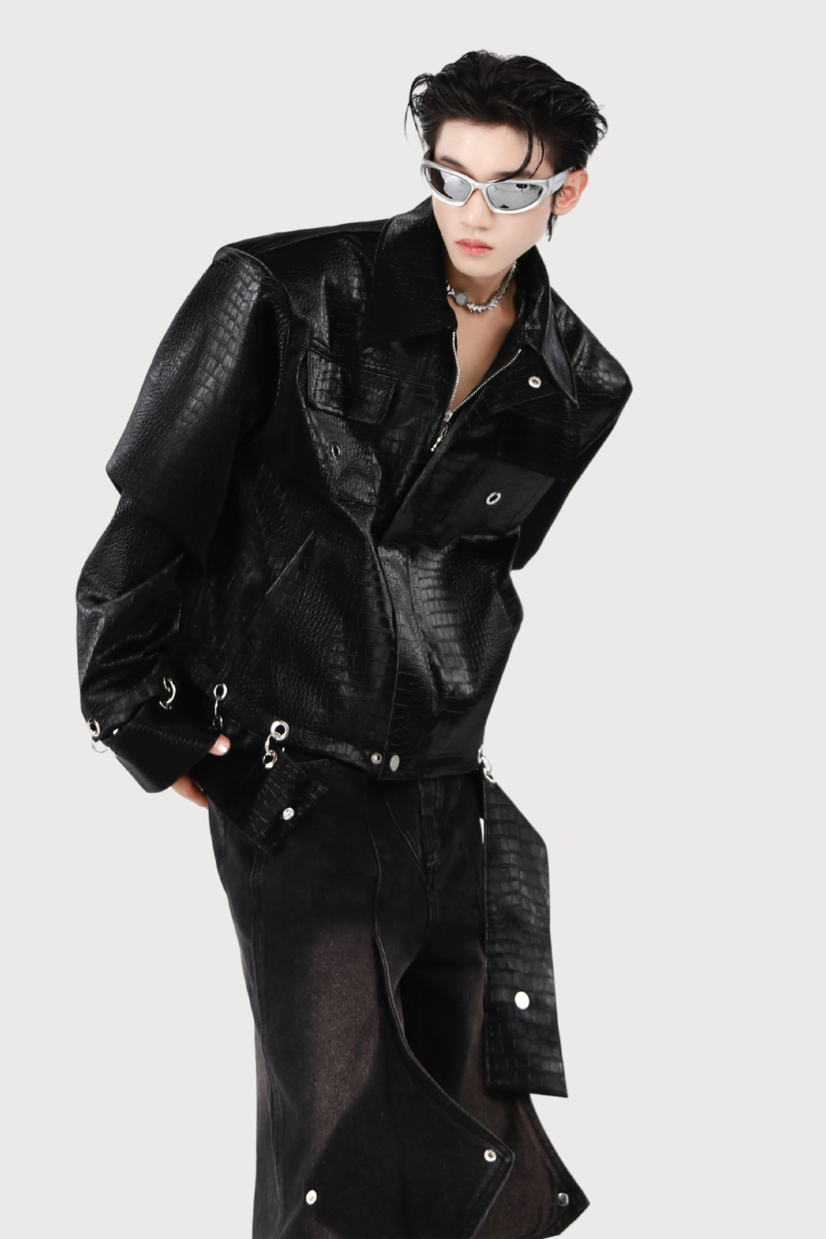 Void Clamp Leather Crocodile Pattern Jacket
