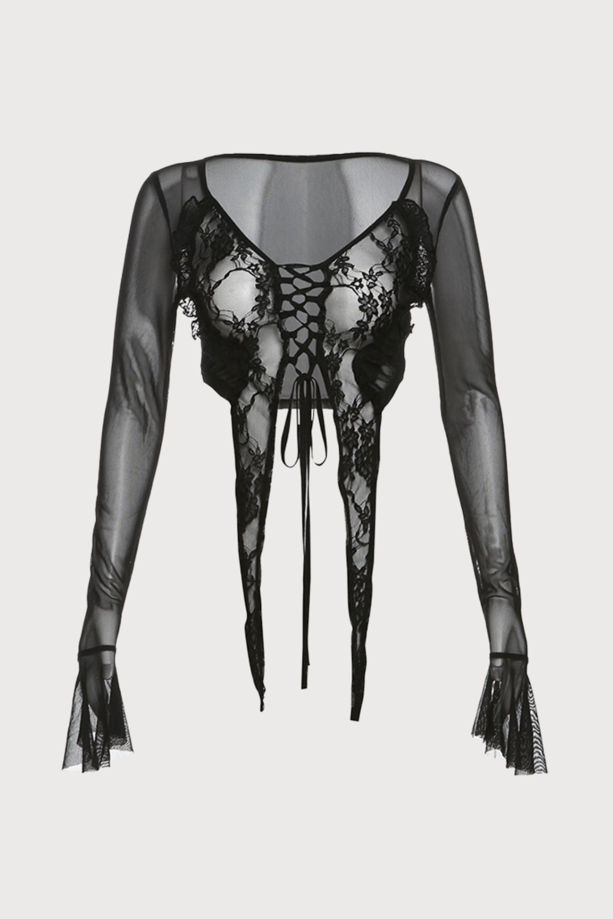 Waist Pop Lace Long Sleeve Plunge Top