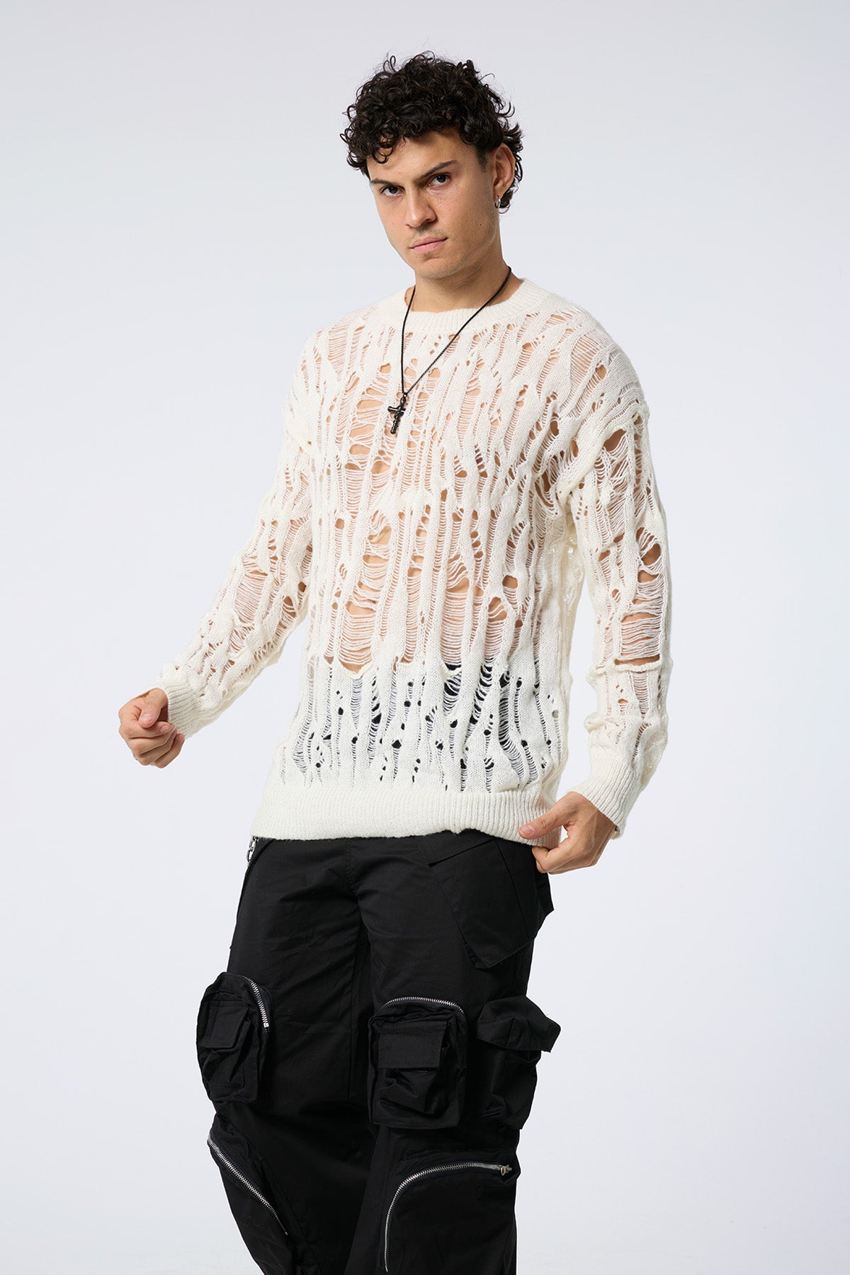 Warm Loop Cutout Knit Long Sleeve Top Apricot