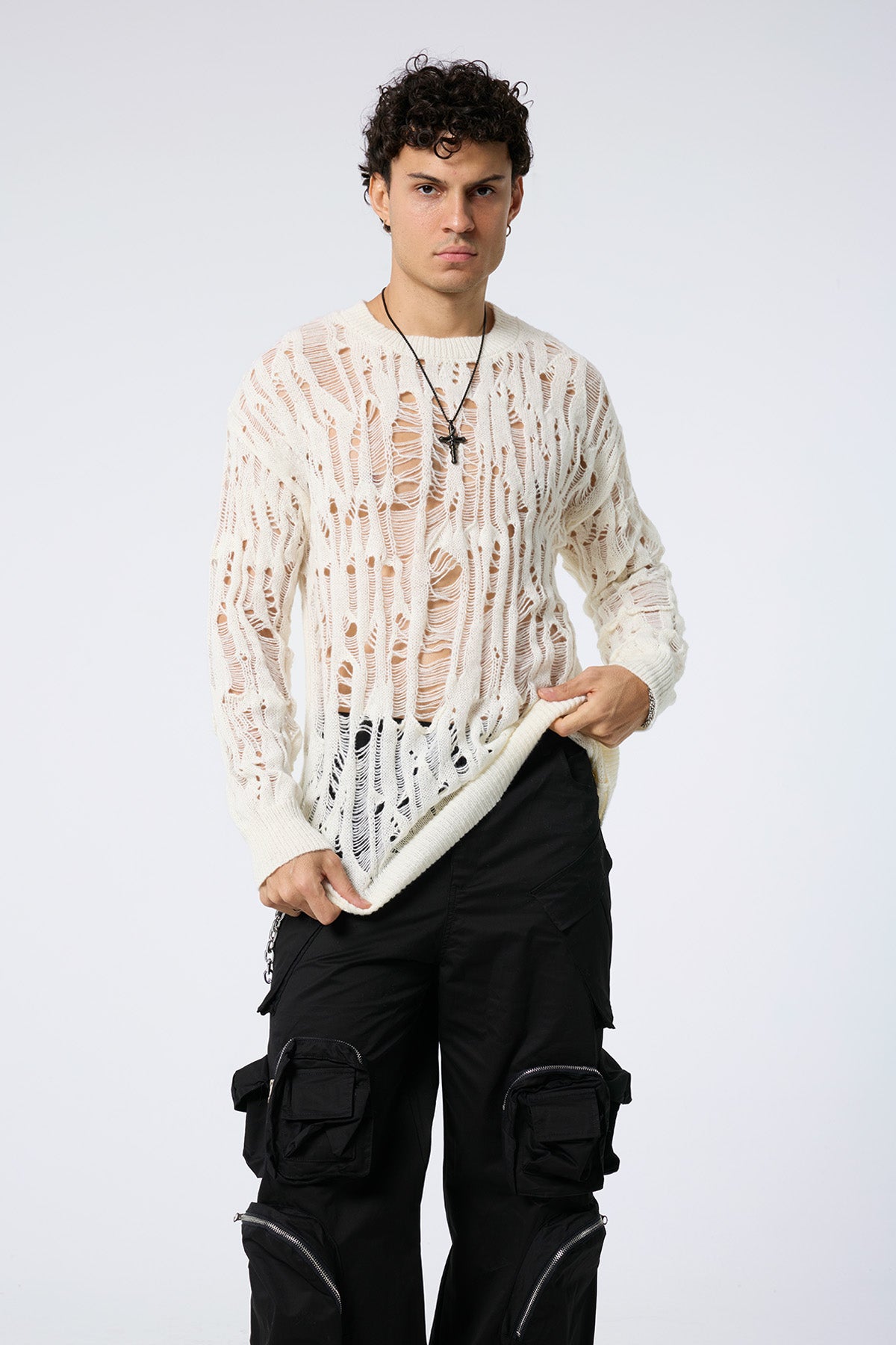 Warm Loop Cutout Knit Long Sleeve Top Apricot