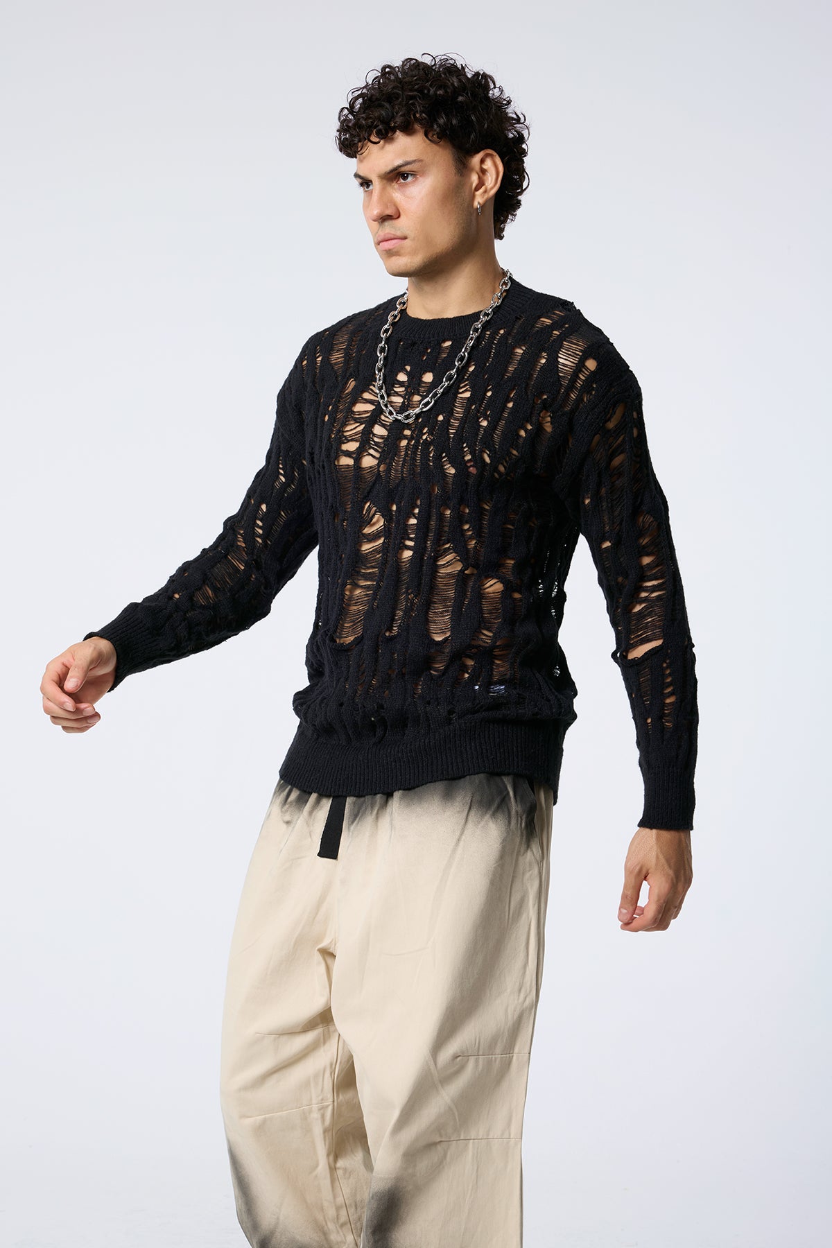 Warm Loop Cutout Knit Long Sleeve Top Black