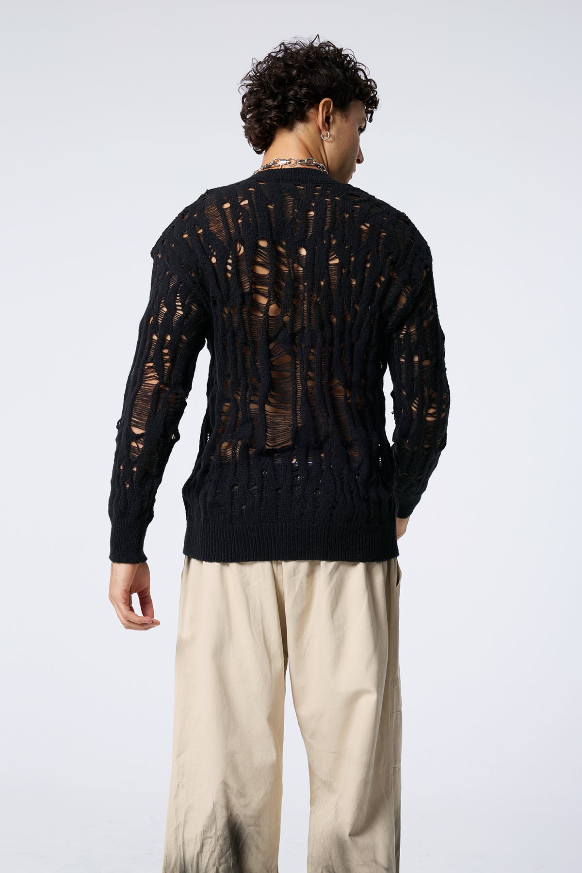 Warm Loop Cutout Knit Long Sleeve Top Black