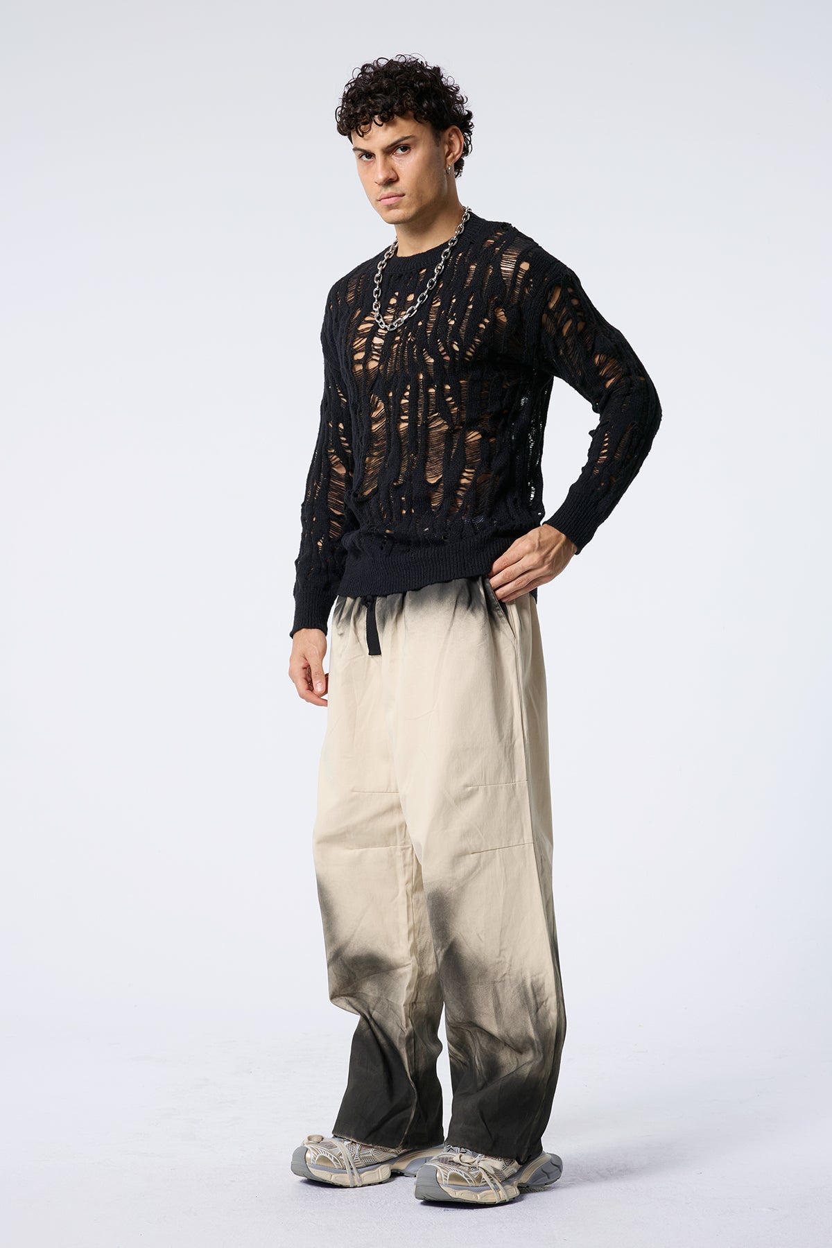 Warm Loop Cutout Knit Long Sleeve Top Black