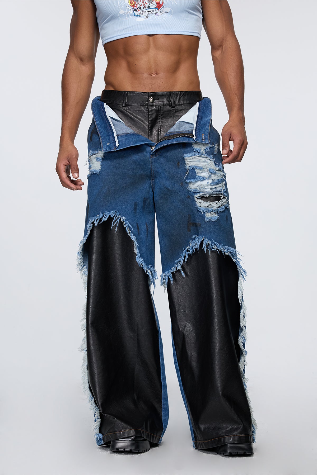 Worker Grid Ripped Straight Jeans