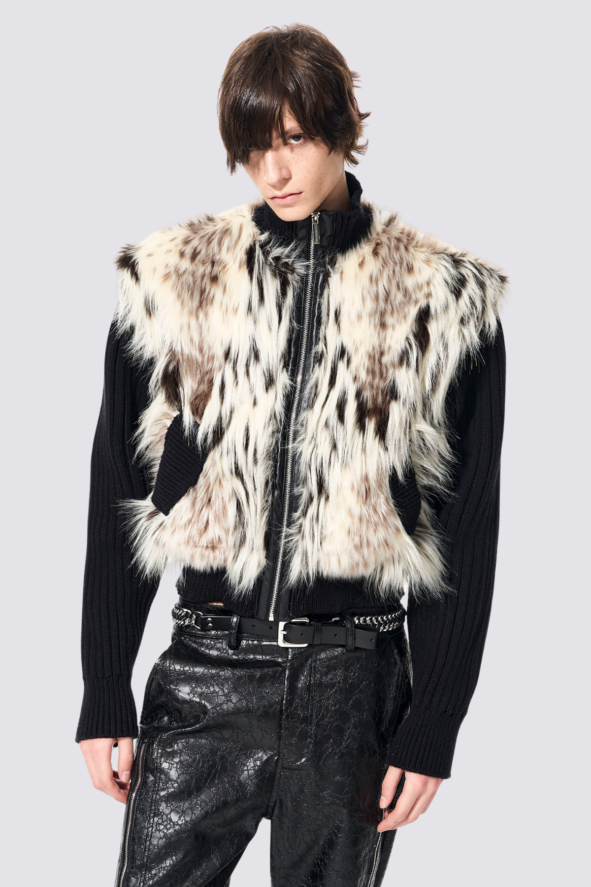 Yarn Arc Faux Fur Patchwork Knit Jacket